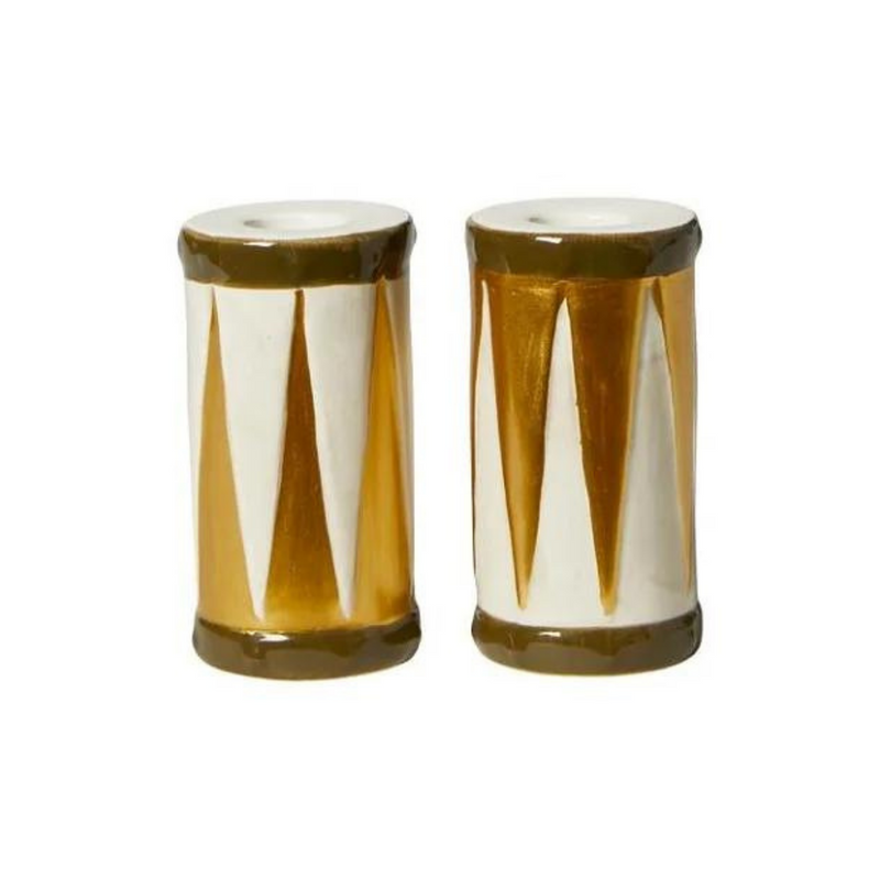 Lysestage/Vase tromme H10 - Grøn/Hvid/Guld - Keramik