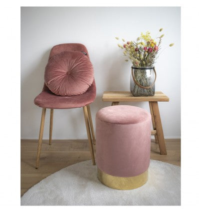 Puf rund i velour med messing kant. Flere farver